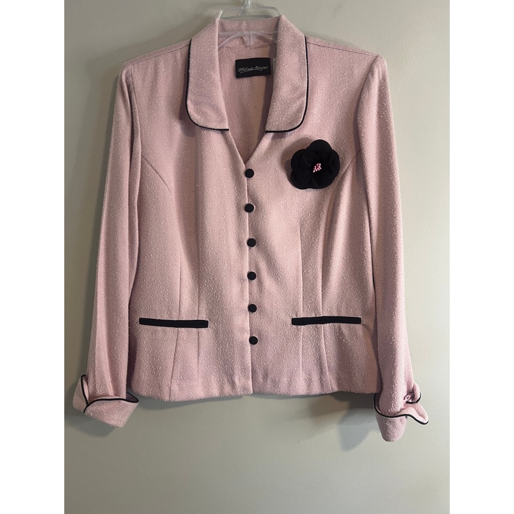 Melissa Harper Pink Herringbone Blazer Jacket Black Trim Flower Brooch Size 12